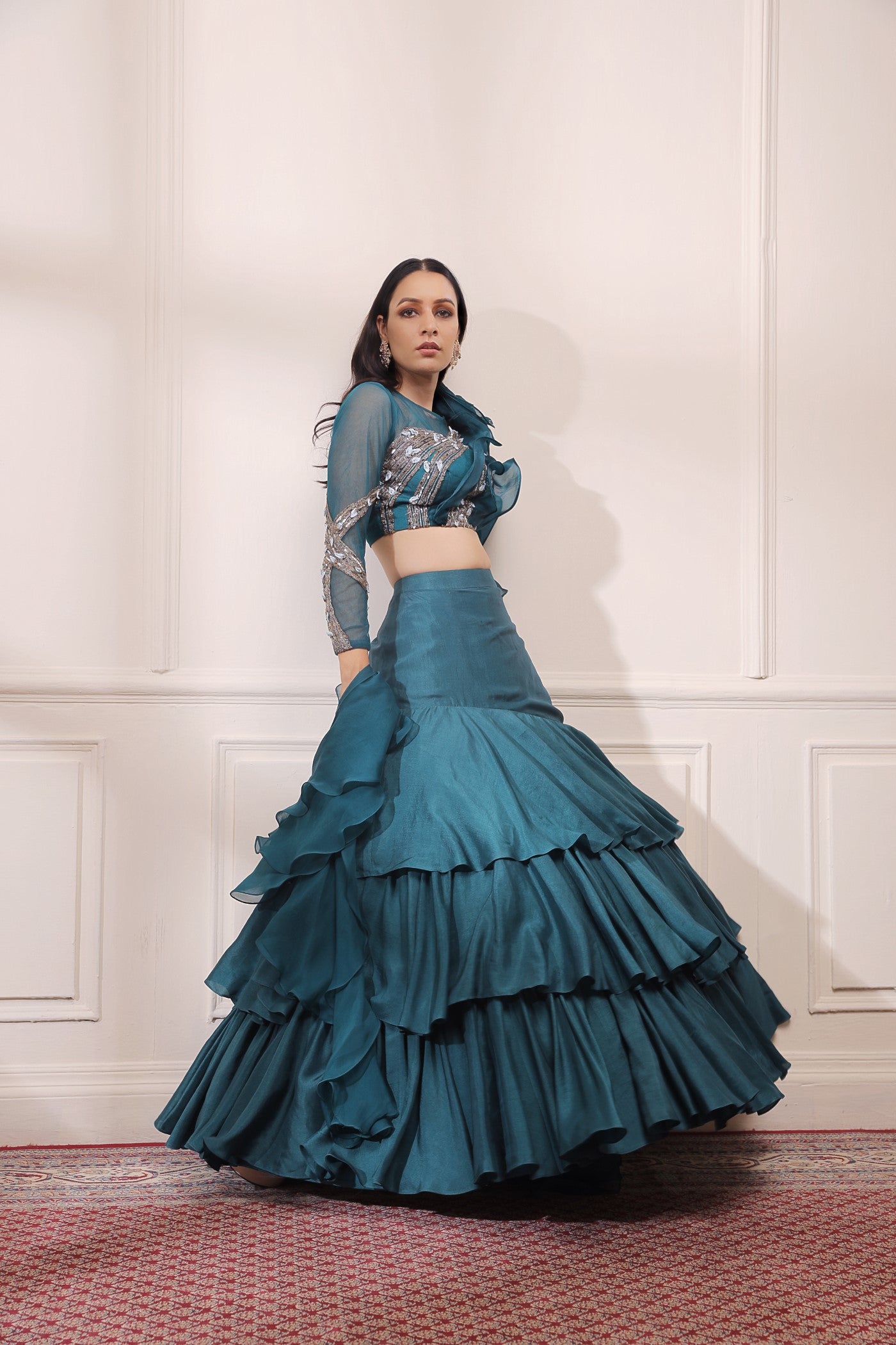 infabzon Lehenga Saree For Women Bollywood Style Silk With Digital Print &  Three Layer Ruffle Work (Creem) : Amazon.in: Fashion