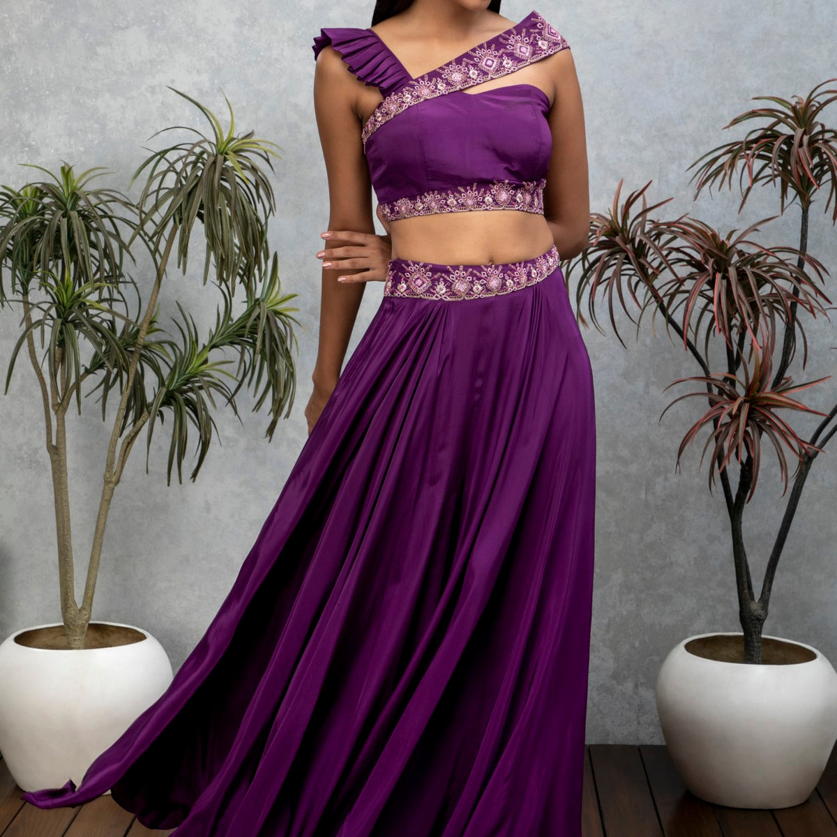 Amethyst purple sharara with crop top Isha Gupta Tayal