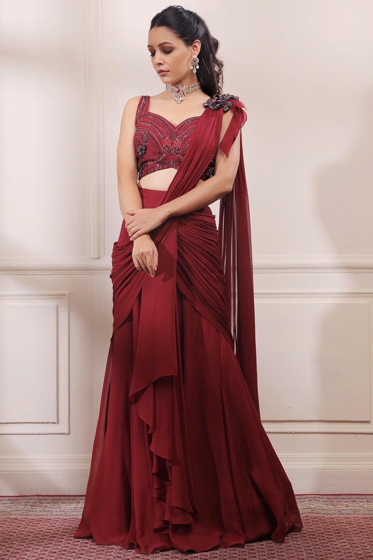 Ruby red draped saree set