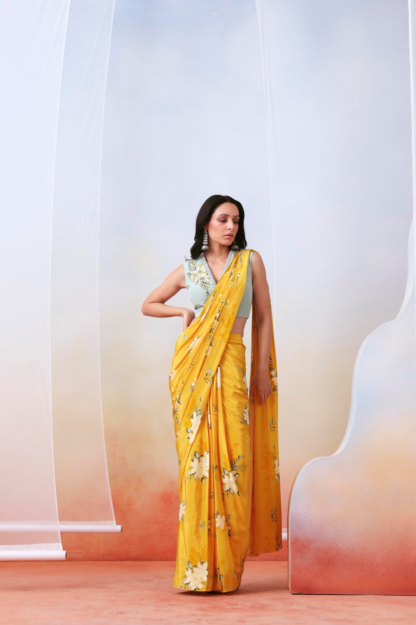 Yellow printed and embroidered  pre stitched  saree set