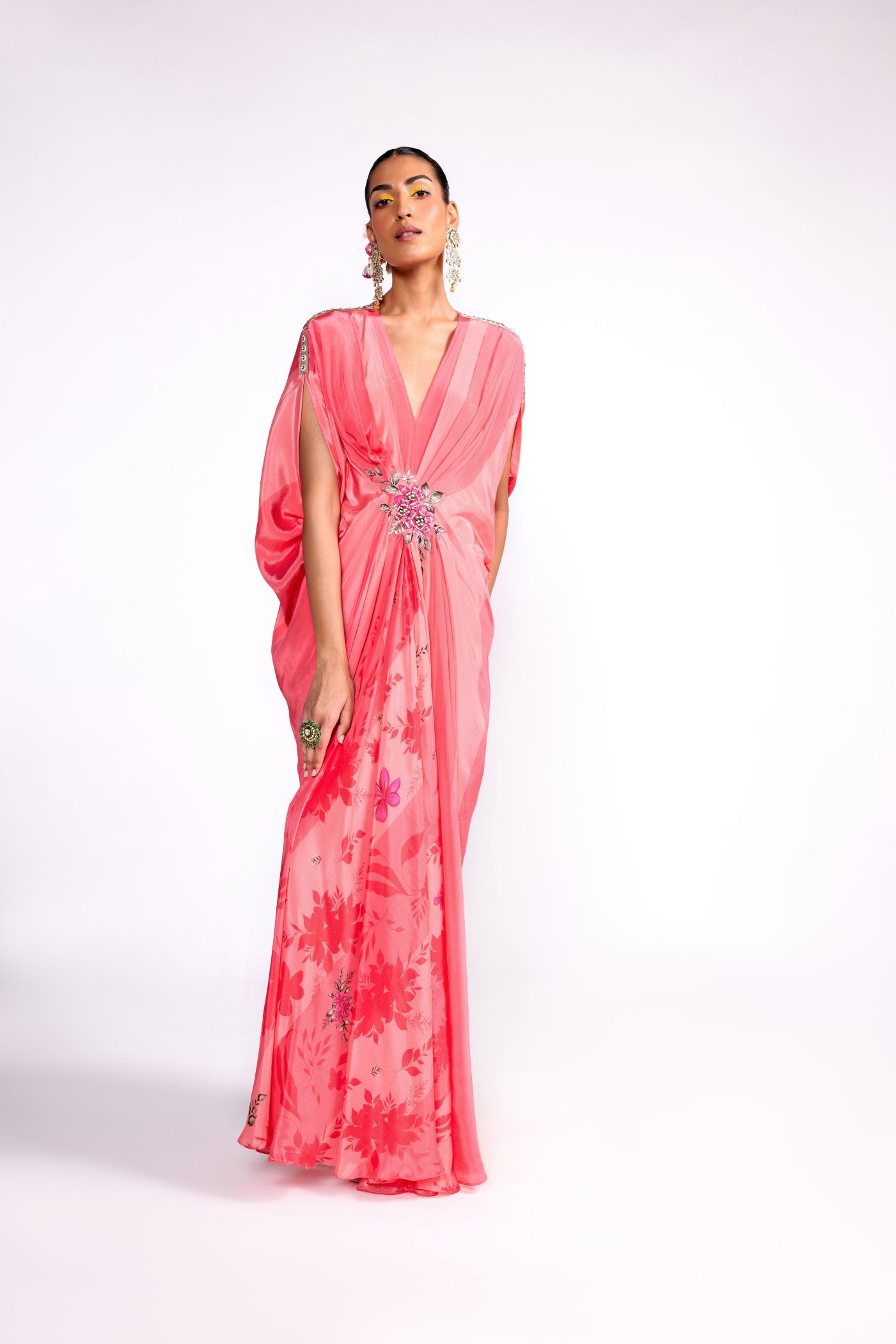 Flamingo pink color block drape kaftan