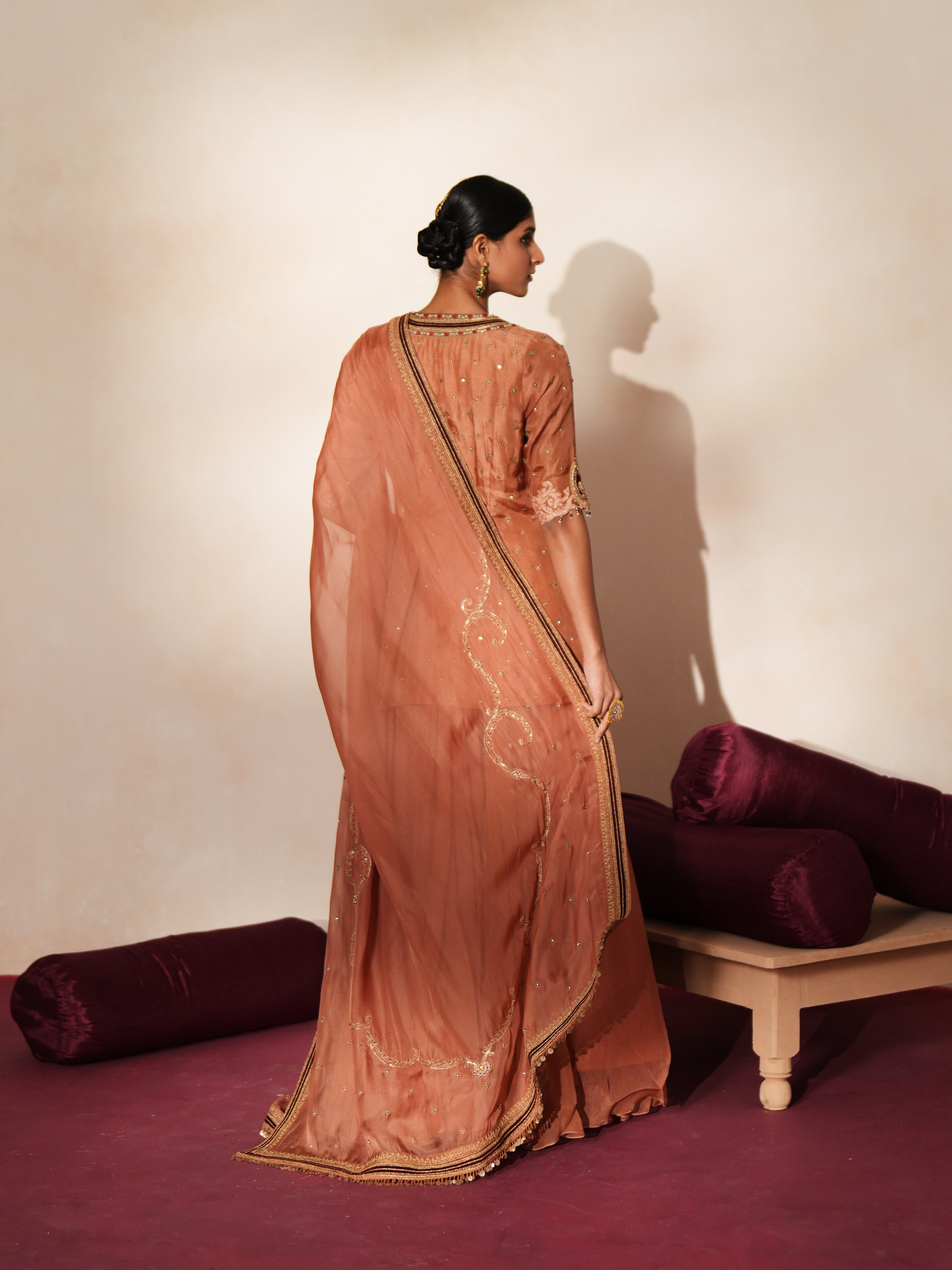 Woman in a metallic mocha  traditional outfit standing againsta beige wall on a red carpet.