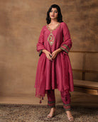 Rosa Pink Silk Embroidered Kurta Set with Organza Dupatta – Front View