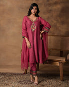 Rosa Pink Silk Embroidered Kurta Set with Organza Dupatta – Crossed View