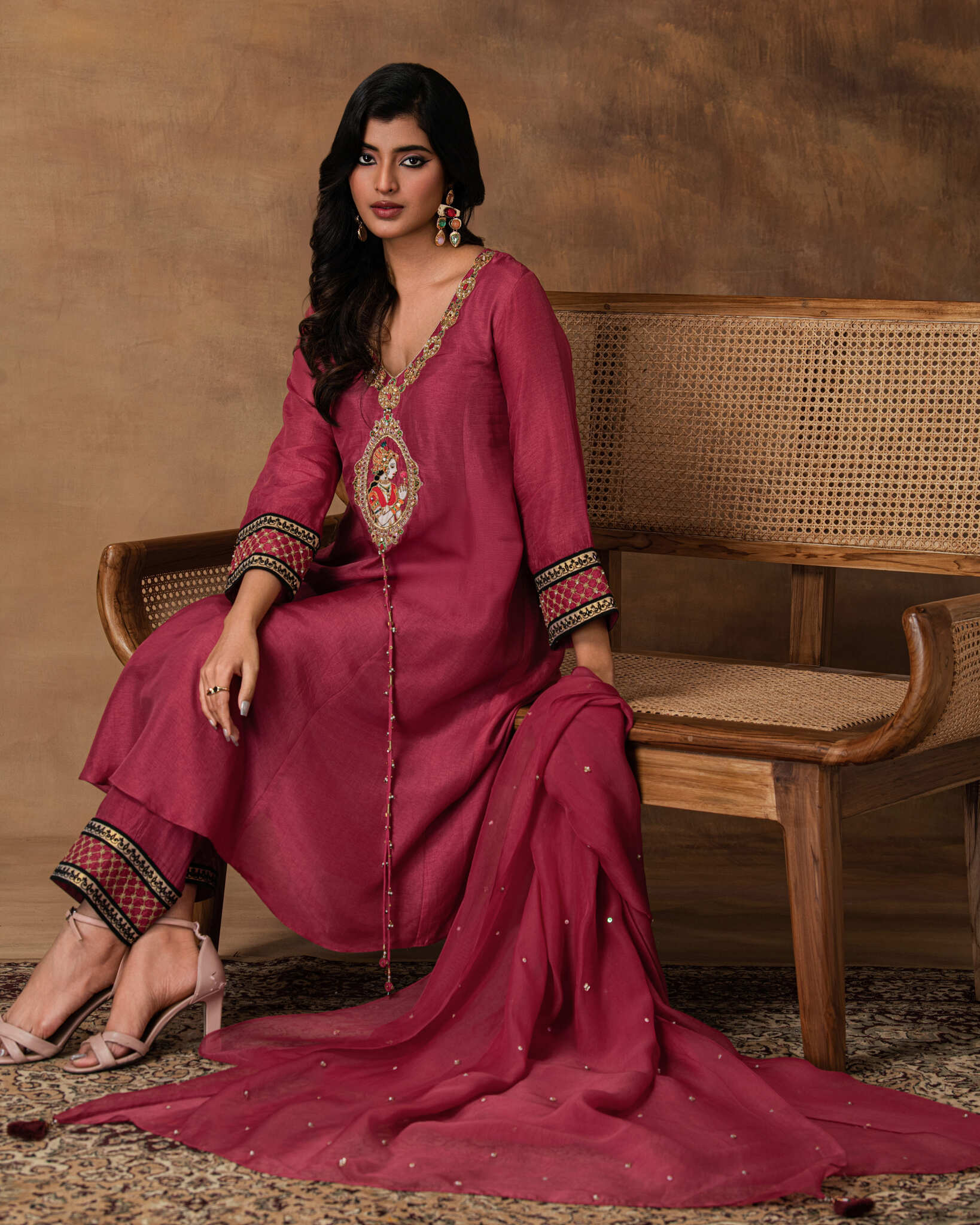 Rosa Pink Silk Embroidered Kurta Set with Organza Dupatta – Sitting View