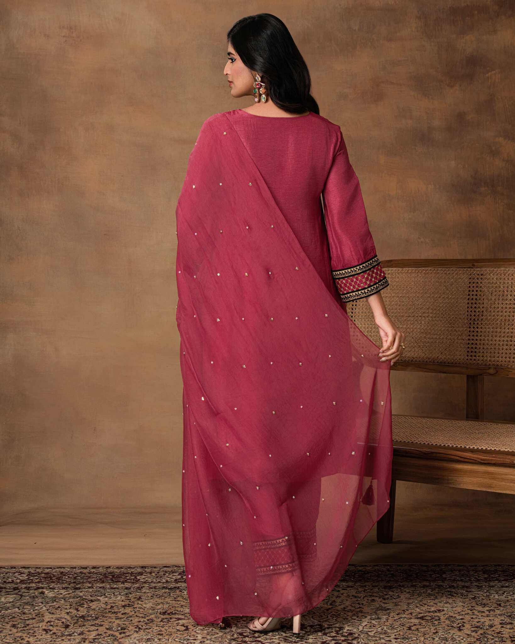Rosa Pink Silk Embroidered Kurta Set with Organza Dupatta – Back View