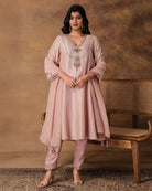 Swarn Pastel Pink Silk Embroidered Kurta Set with Organza Dupatta – Front View