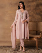 Swarn Pastel Pink Silk Embroidered Kurta Set with Organza Dupatta – Side View