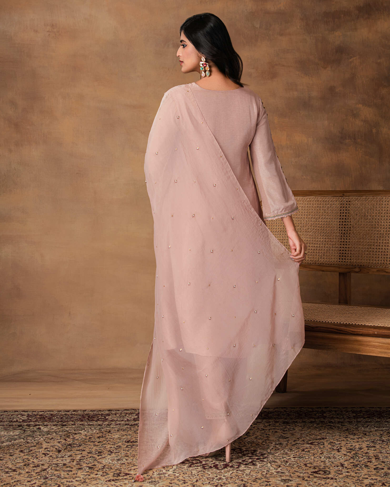Swarn Pastel Pink Silk Embroidered Kurta Set with Organza Dupatta – Back View