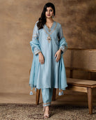 Rumi Powder Blue Silk Embroidered Kurta Set with Organza Dupatta – Front View