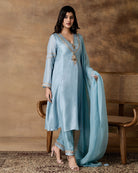Rumi Powder Blue Silk Embroidered Kurta Set with Organza Dupatta – Side View