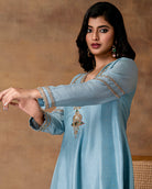 Rumi Powder Blue Silk Embroidered Kurta Set with Organza Dupatta – crossed View