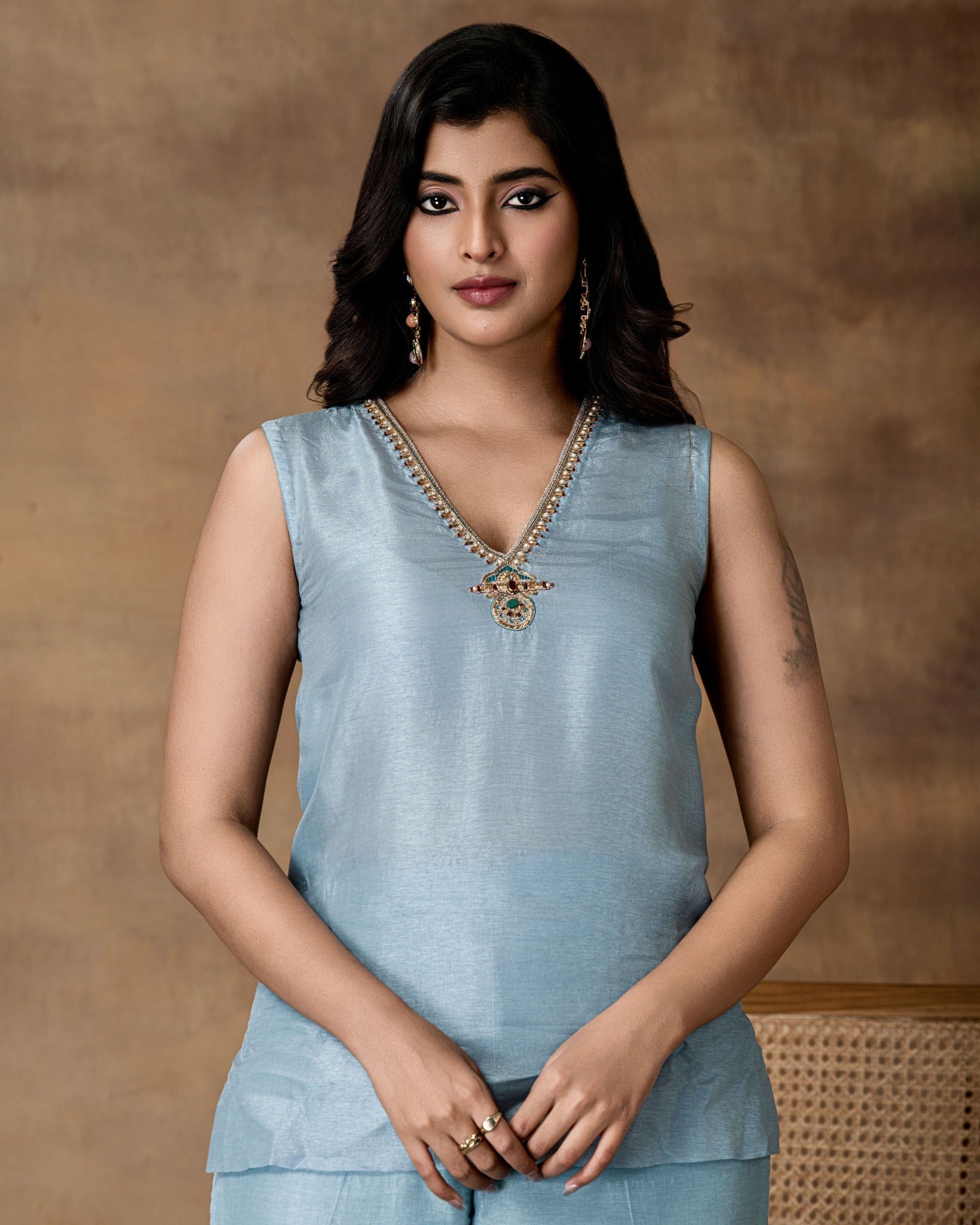 Rumi Powder Blue Silk Embroidered Kurta Set with Organza Dupatta – Close-Up View