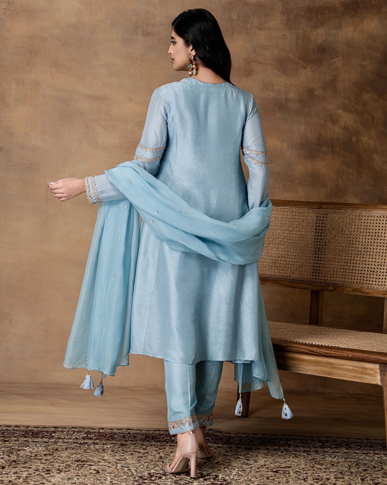 Rumi Powder Blue Silk Embroidered Kurta Set with Organza Dupatta – Back View