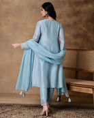 Rumi Powder Blue Silk Embroidered Kurta Set with Organza Dupatta – Back View