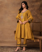 Ambar Golden Yellow Silk Embroidered Kurta Set with Organza Dupatta – Side View