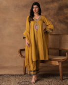 Ambar Golden Yellow Silk Embroidered Kurta Set with Organza Dupatta – Front View