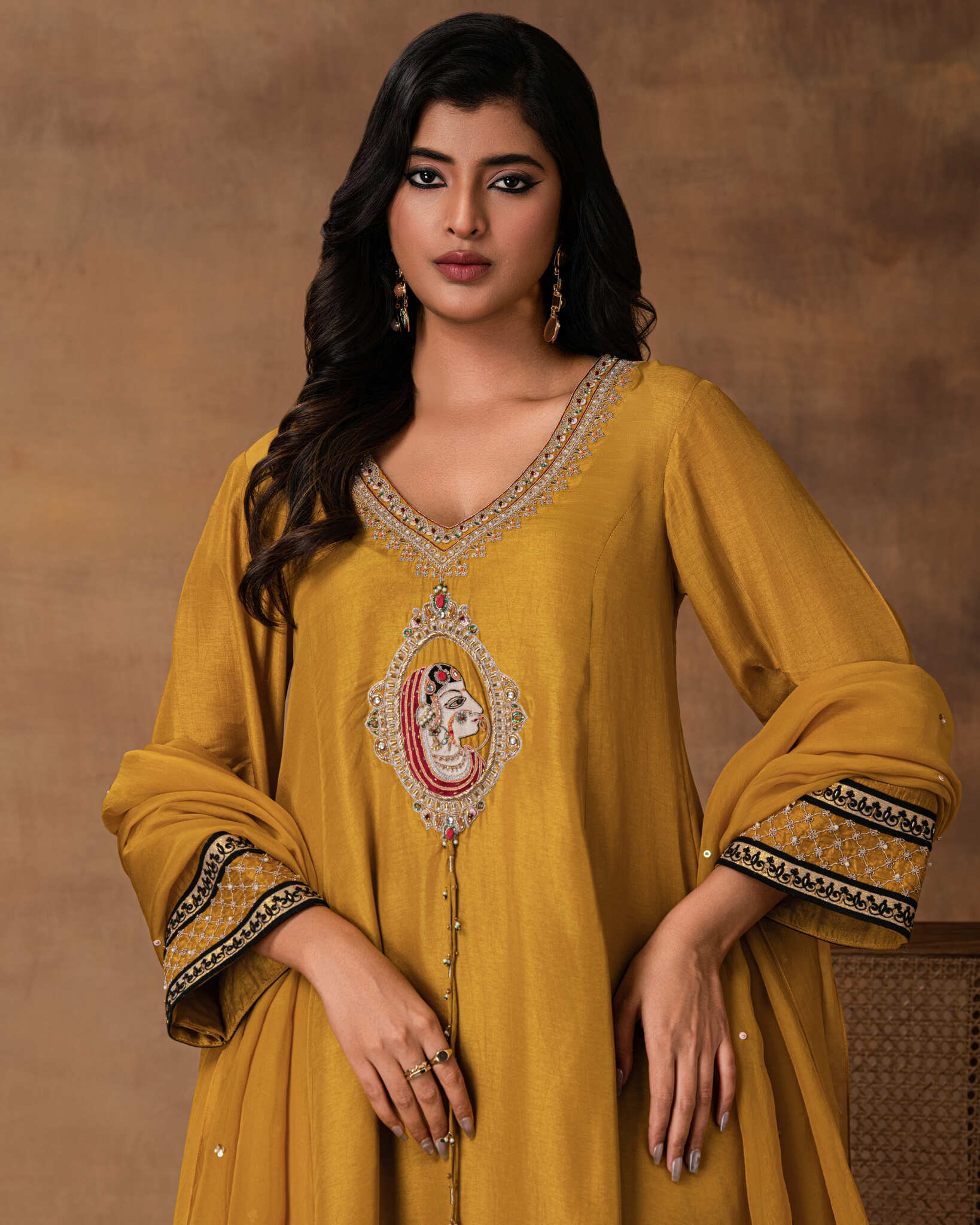 Ambar Golden Yellow Silk Embroidered Kurta Set with Organza Dupatta – Close-Up View