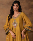 Ambar Golden Yellow Silk Embroidered Kurta Set with Organza Dupatta – Close-Up View