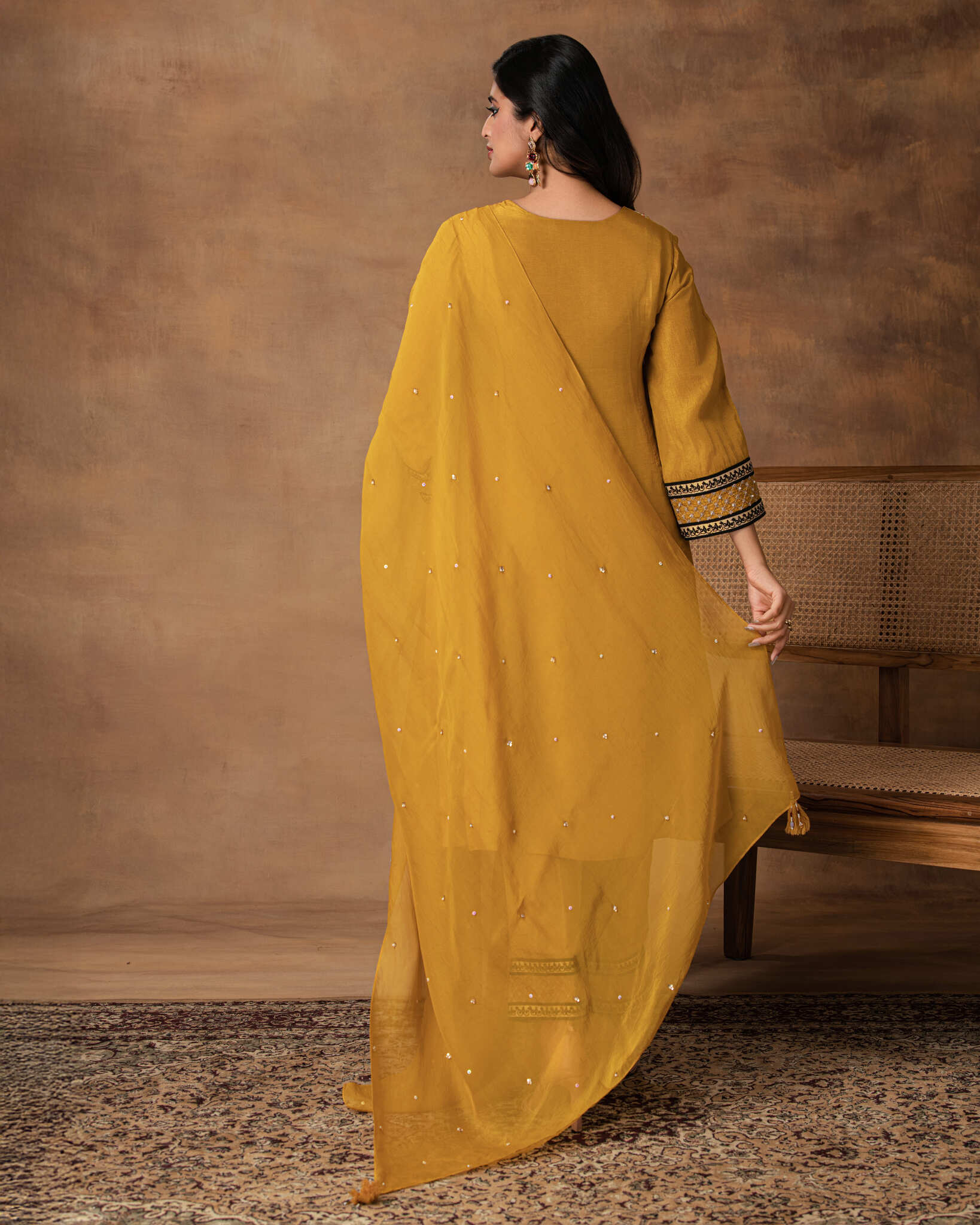 Ambar Golden Yellow Silk Embroidered Kurta Set with Organza Dupatta – Back View