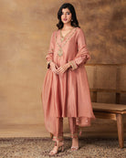 Shyaamras Mocha Pink Silk Embroidered Kurta Set with Organza Dupatta – Front View