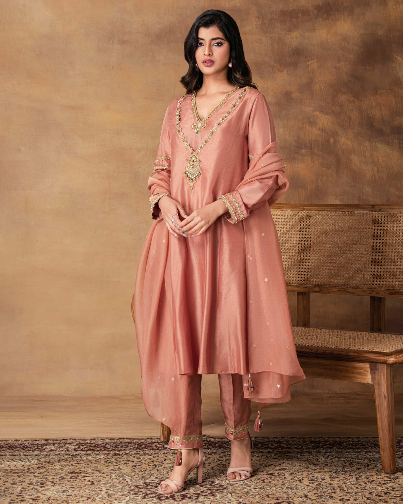 Shyaamras Mocha Pink Silk Embroidered Kurta Set with Organza Dupatta – Front View