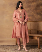 Shyaamras Mocha Pink Silk Embroidered Kurta Set with Organza Dupatta – Side View
