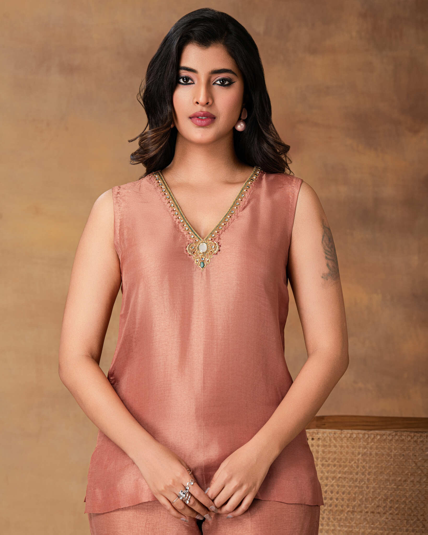 Shyaamras Mocha Pink Silk Embroidered Kurta Set with Organza Dupatta – Back View