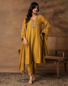 Rajsi Golden Yellow Silk Embroidered Kurta Set with Organza Dupatta – Front View