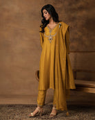 Rajsi Golden Yellow Silk Embroidered Kurta Set with Organza Dupatta – Side View