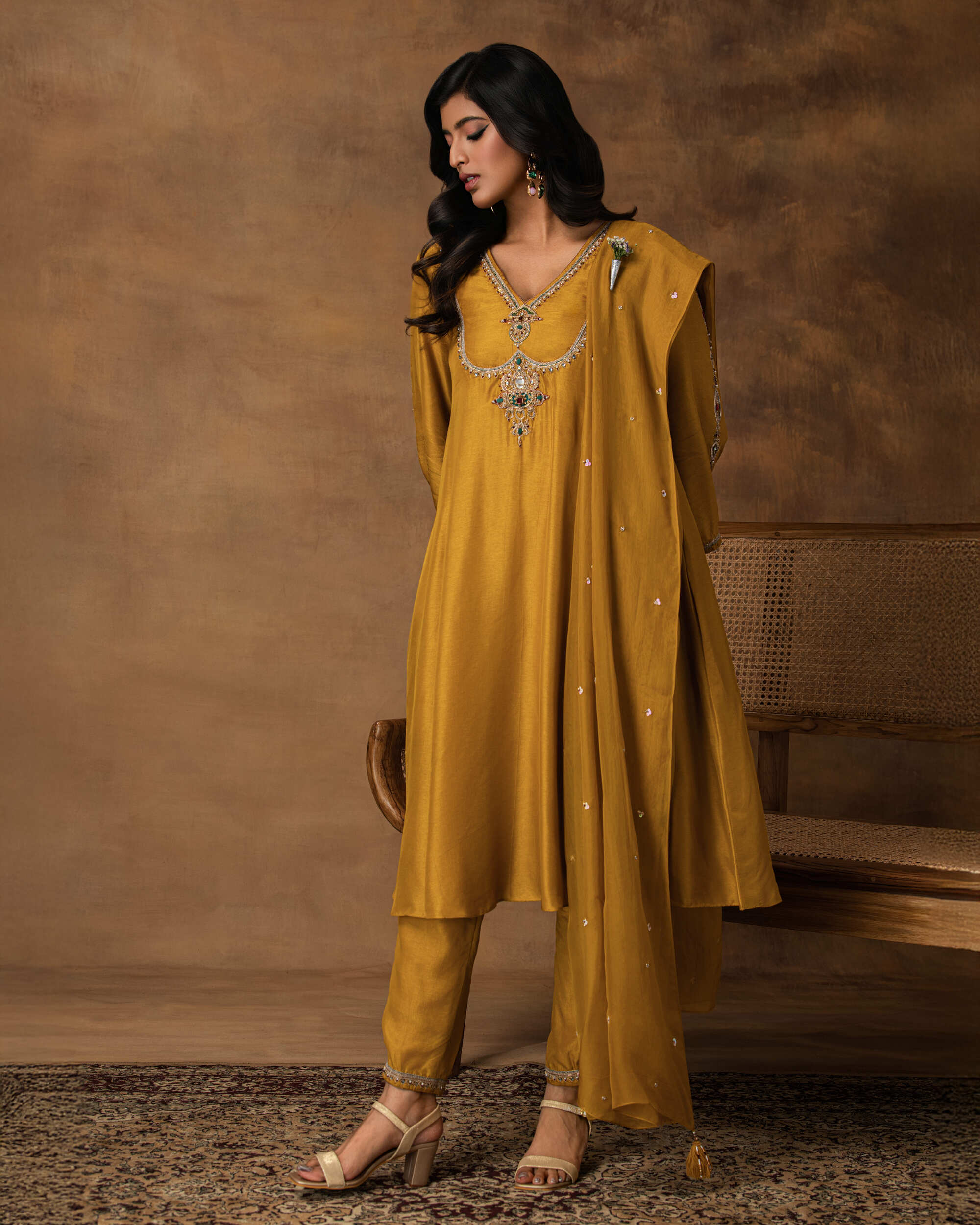 Rajsi Golden Yellow Silk Embroidered Kurta Set with Organza Dupatta – Side View