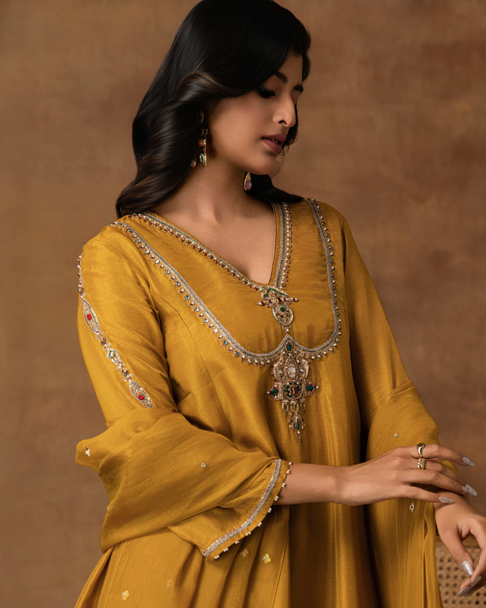 Rajsi Golden Yellow Silk Embroidered Kurta Set with Organza Dupatta – Close-Up View