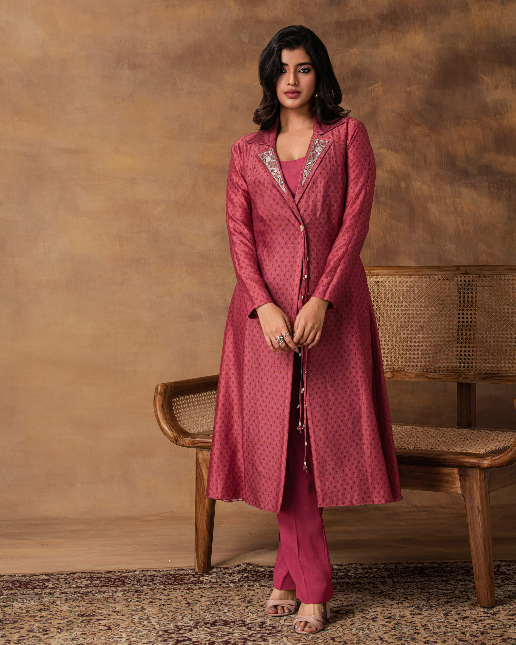 Gul Pink Printed Booti Chanderi Jacket Style Kurta Set – Front View