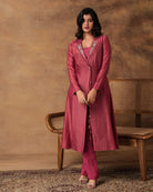 Gul Pink Printed Booti Chanderi Jacket Style Kurta Set – Front View