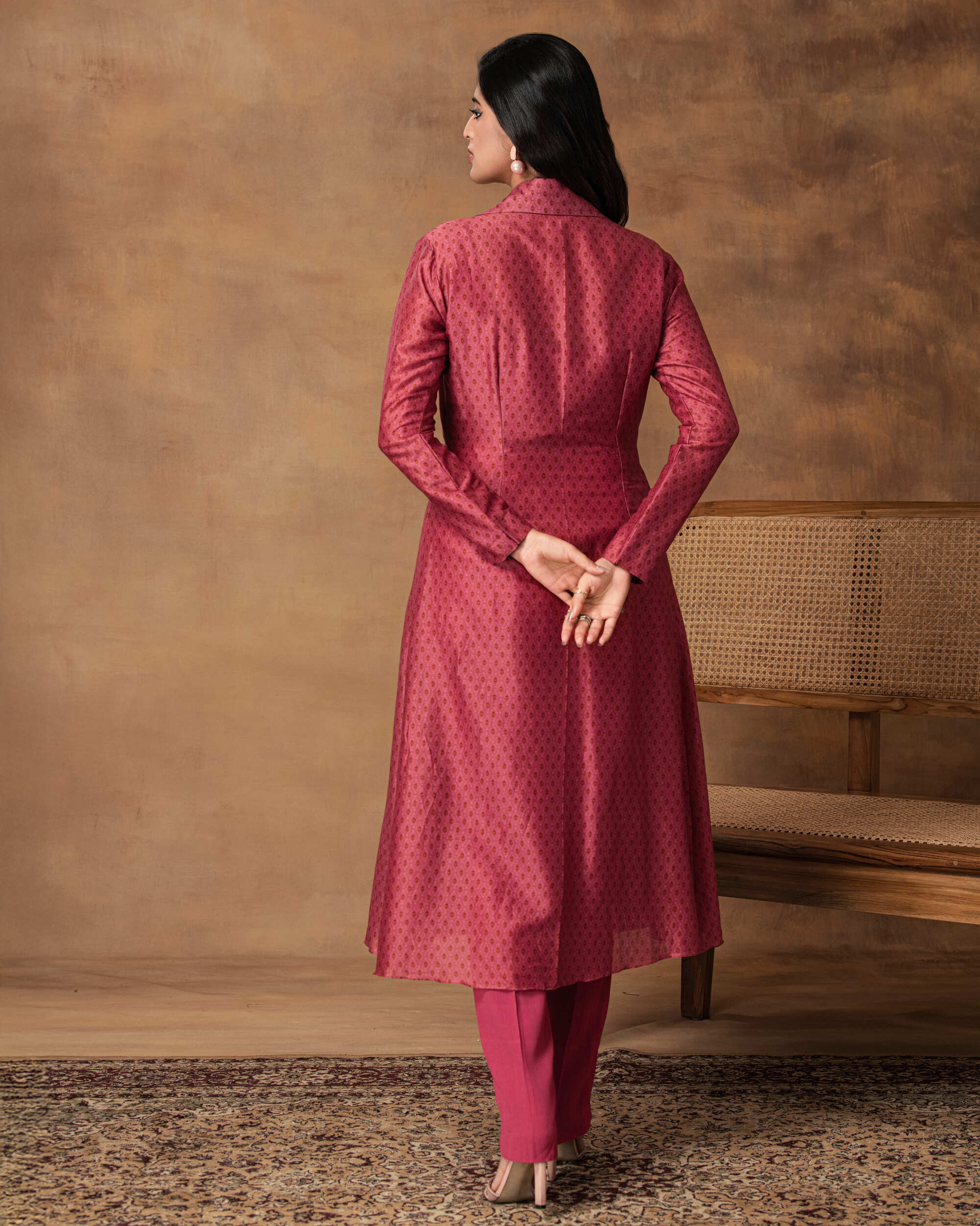 Gul Pink Printed Booti Chanderi Jacket Style Kurta Set – Back View