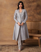 Chaand Grey Printed Booti Chanderi Jacket Style Kurta Set – Front View