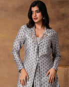 Chaand Grey Printed Booti Chanderi Jacket Style Kurta Set – Close-up View