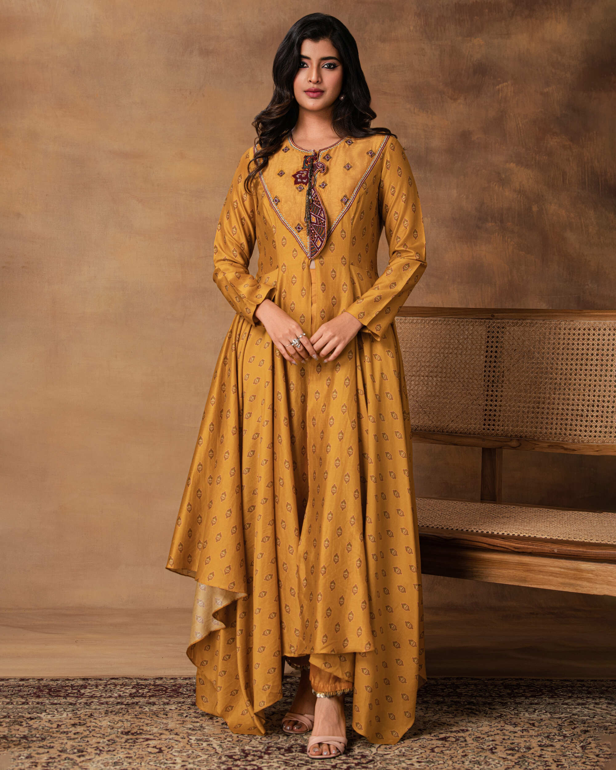 Ghazal Mustard Gold Chanderi Asymmetric Kurta Set – Front View