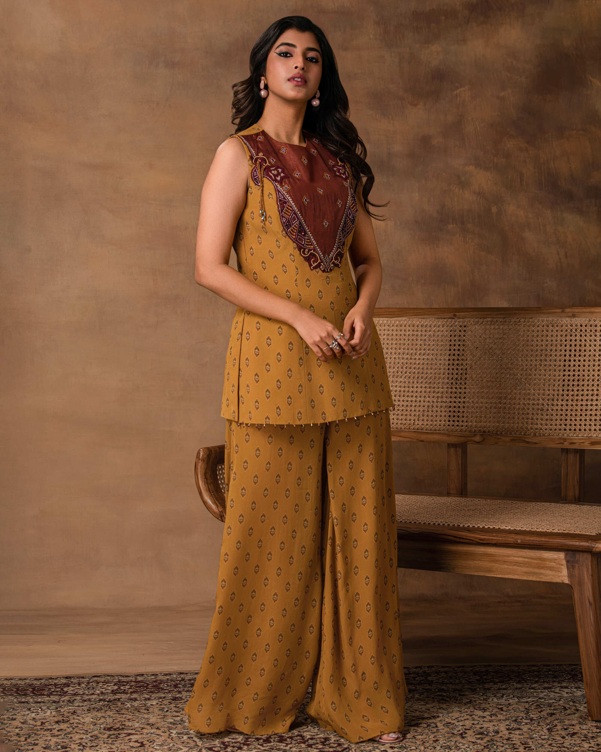 Taraab Mustard Gold Crepe Peplum Co-Ord Set – Side View