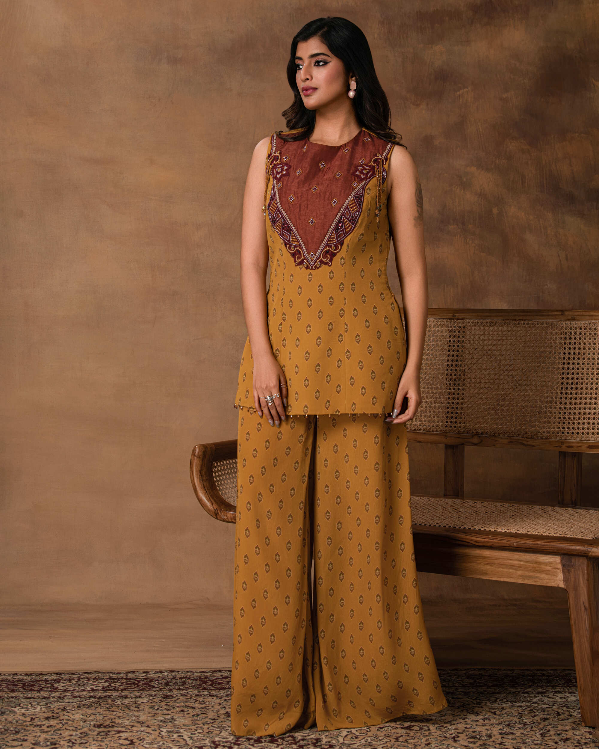 Taraab Mustard Gold Crepe Peplum Co-Ord Set – Front View