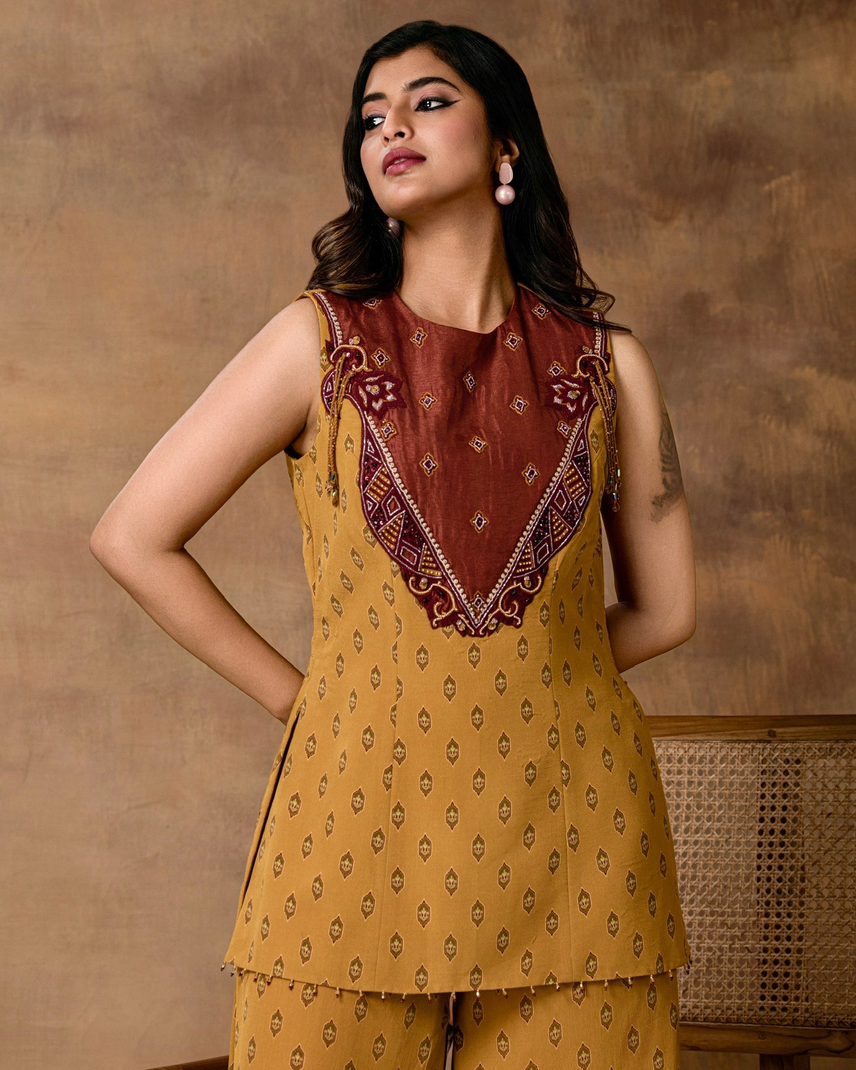 Taraab Mustard Gold Crepe Peplum Co-Ord Set – Close-up View