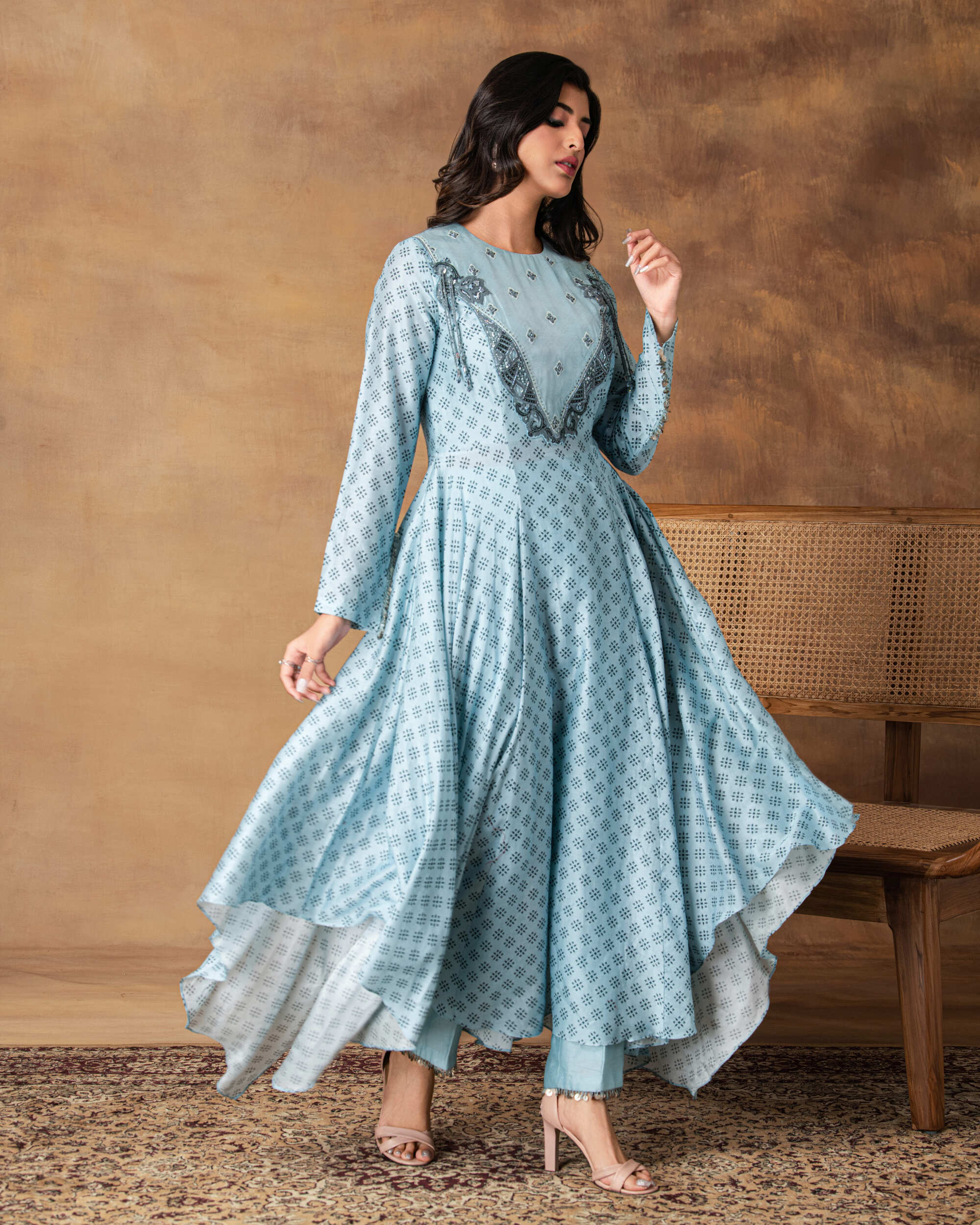 Zeenat Powder Blue Chanderi Asymmetric Kurta Set – Front View