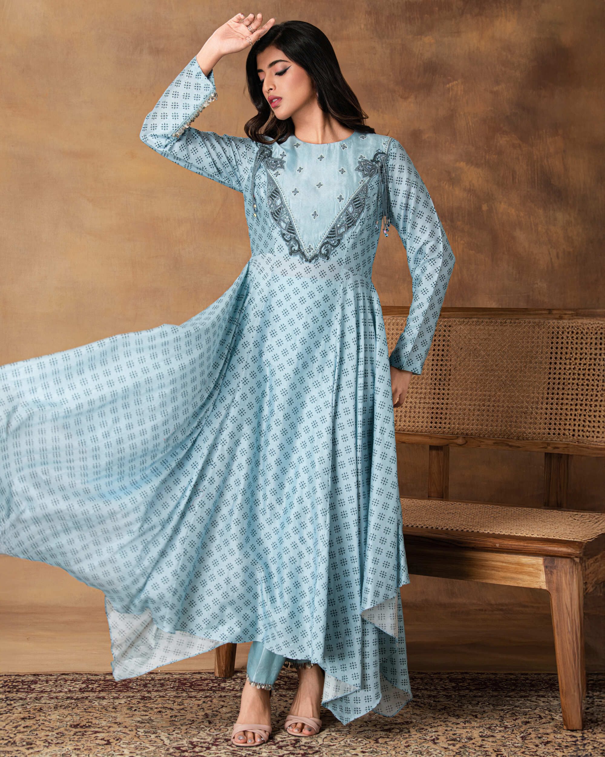Zeenat Powder Blue Chanderi Asymmetric Kurta Set – Side View