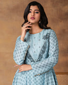 Zeenat Powder Blue Chanderi Asymmetric Kurta Set – Close-up View