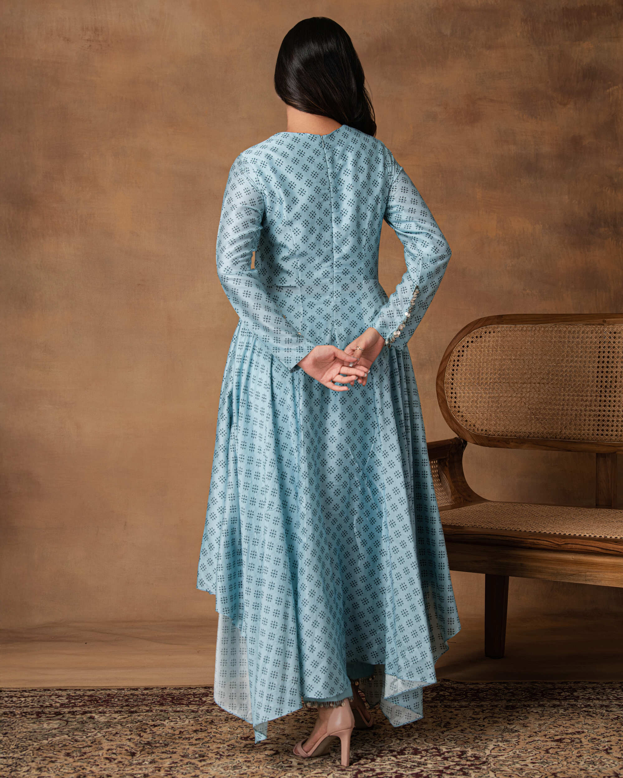 Zeenat Powder Blue Chanderi Asymmetric Kurta Set – Back View