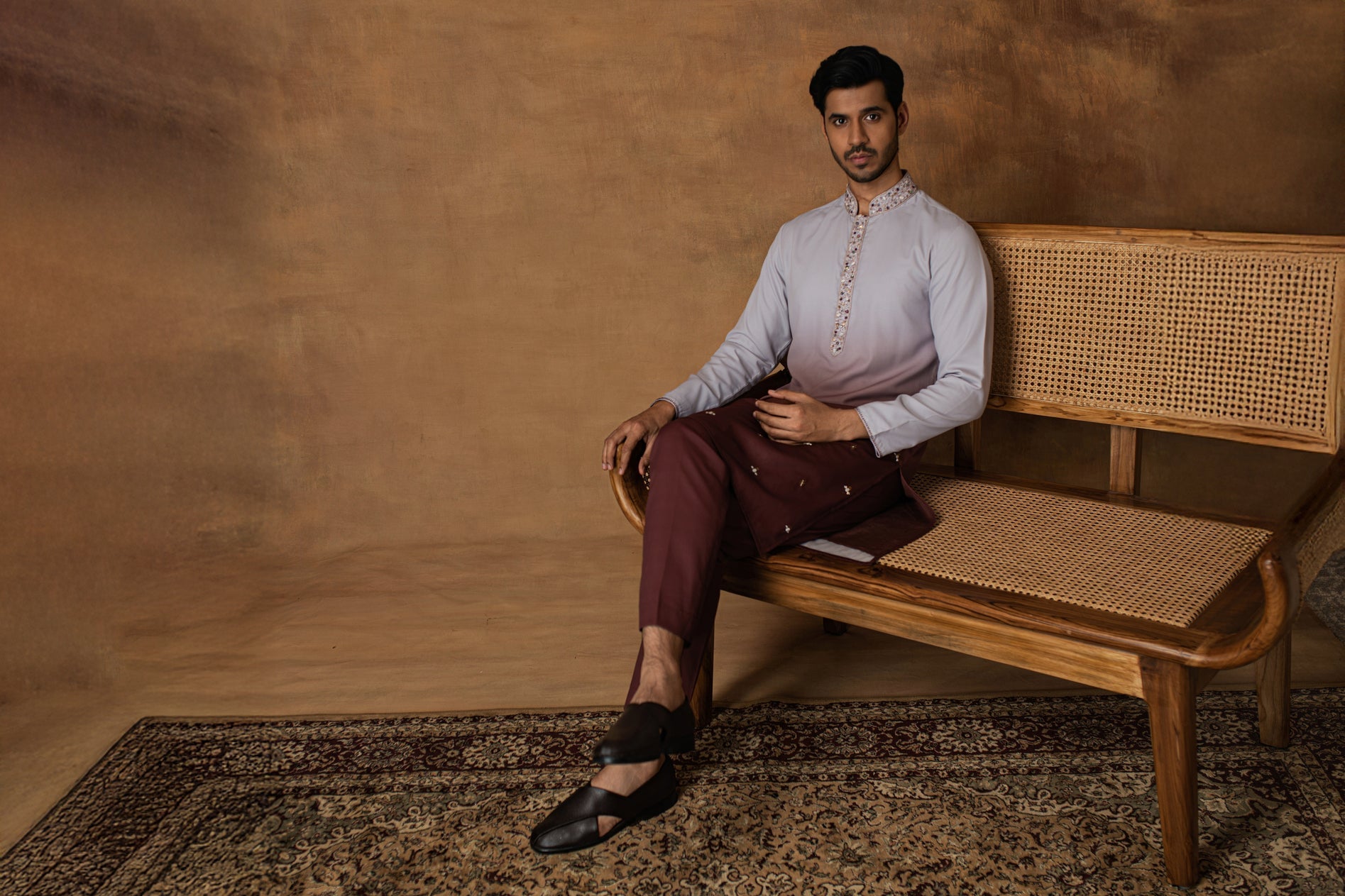Grey Ombre Kurta Set For Men Sitting View