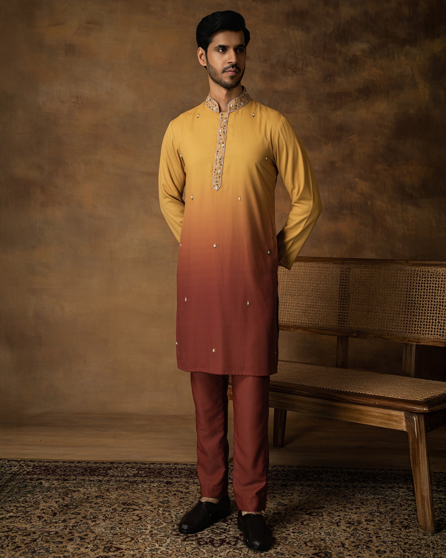 Yellow Ombre Kurta Set For Men Front View