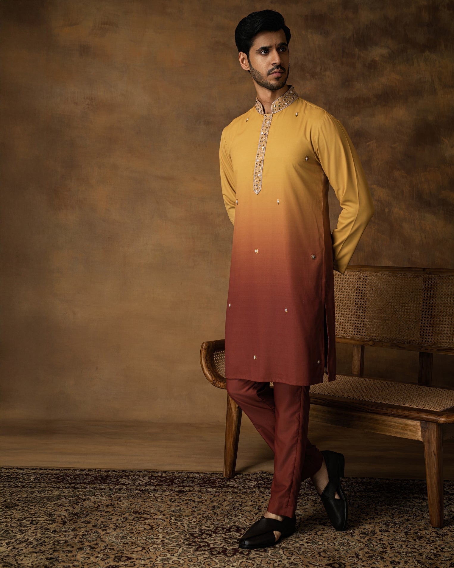 Yellow Ombre Kurta Set For Men Close View