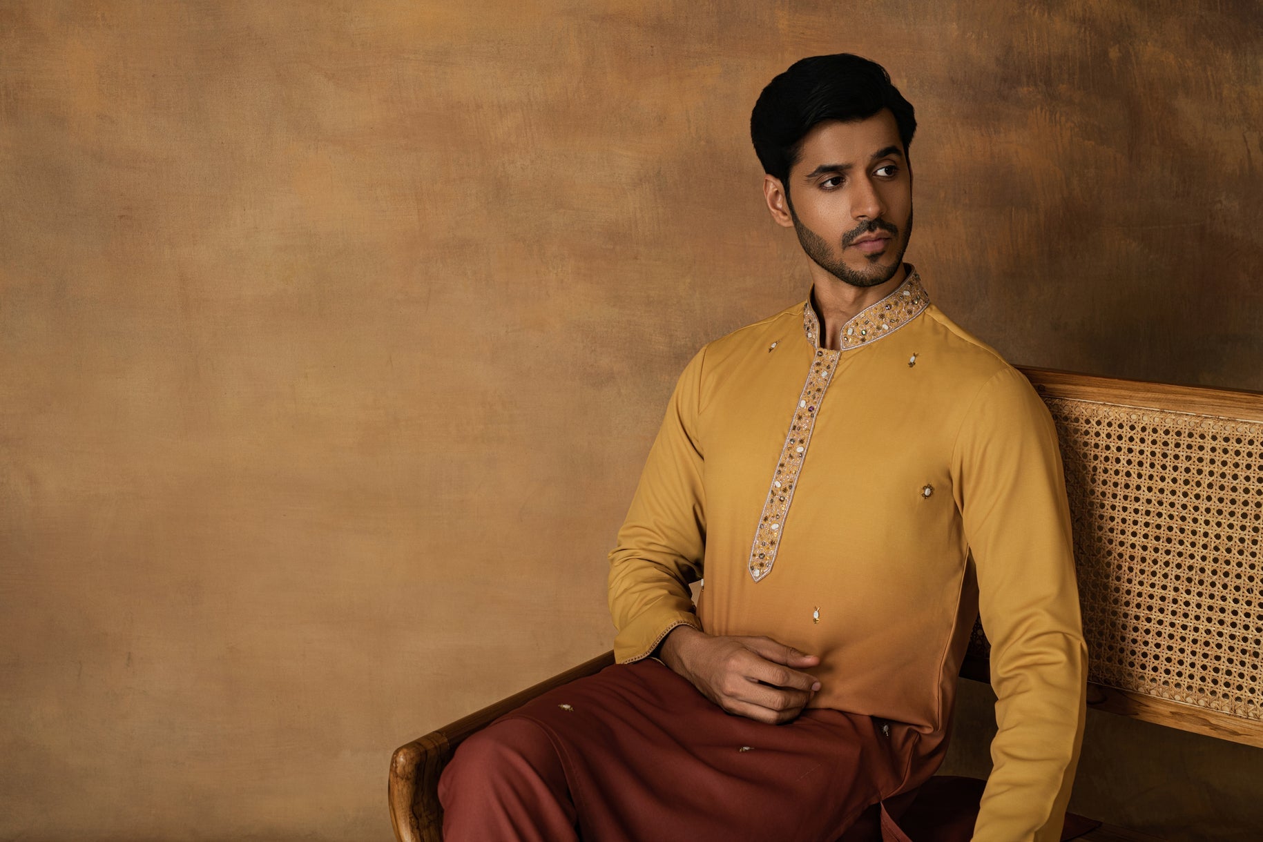 Yellow Ombre Kurta Set For Men Sitting View