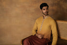 Yellow Ombre Kurta Set For Men Sitting View